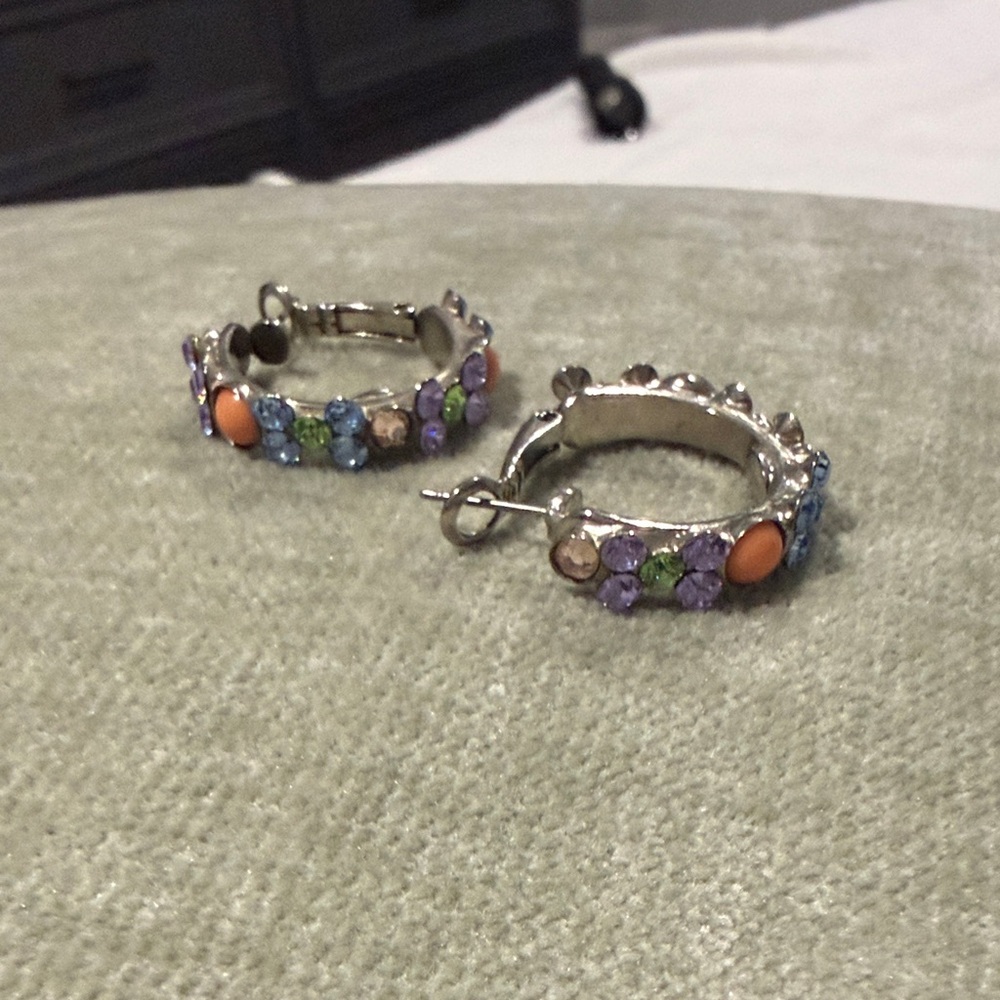 Sorrelli Silver Hoop Earrings with Blue, Purple, Green & Orange Stones